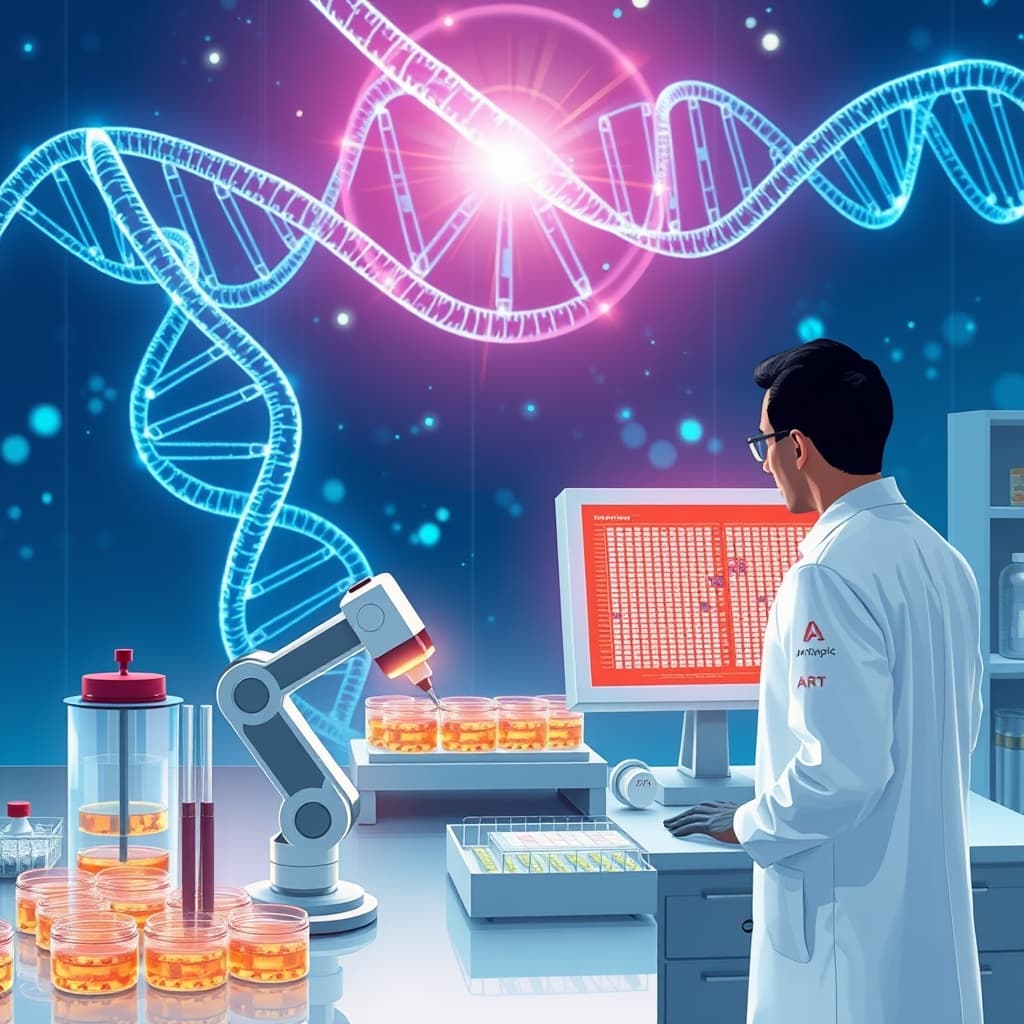 Create an original premium technology-news editorial illustration featuring a dominant, sleek AI hologram representing Claude agents scanning a massive digital DNA helix backdrop; in the foreground, a lab bench with a robotic arm poised over petri dishes, while a scientist in a white coat watches a glowing screen displaying repeat‑array patterns; the scene conveys the moment of AI‑driven discovery of the ART system, with subtle branding of Anthropic’s logo on the lab equipment; use a clean, high‑tech editorial style with realistic lighting and depth, emphasizing the collaboration between AI and wet‑lab tools; cinematic composition.