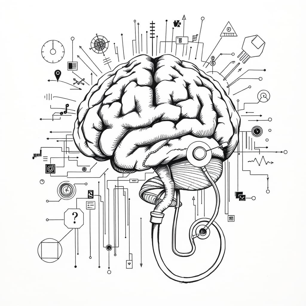 editorial ink sketch of a stylized human brain intertwined with a DNA helix and a stethoscope, surrounded by abstract data streams and medical symbols, muted grayscale with fine cross‑hatching, no text, no logos, cinematic composition