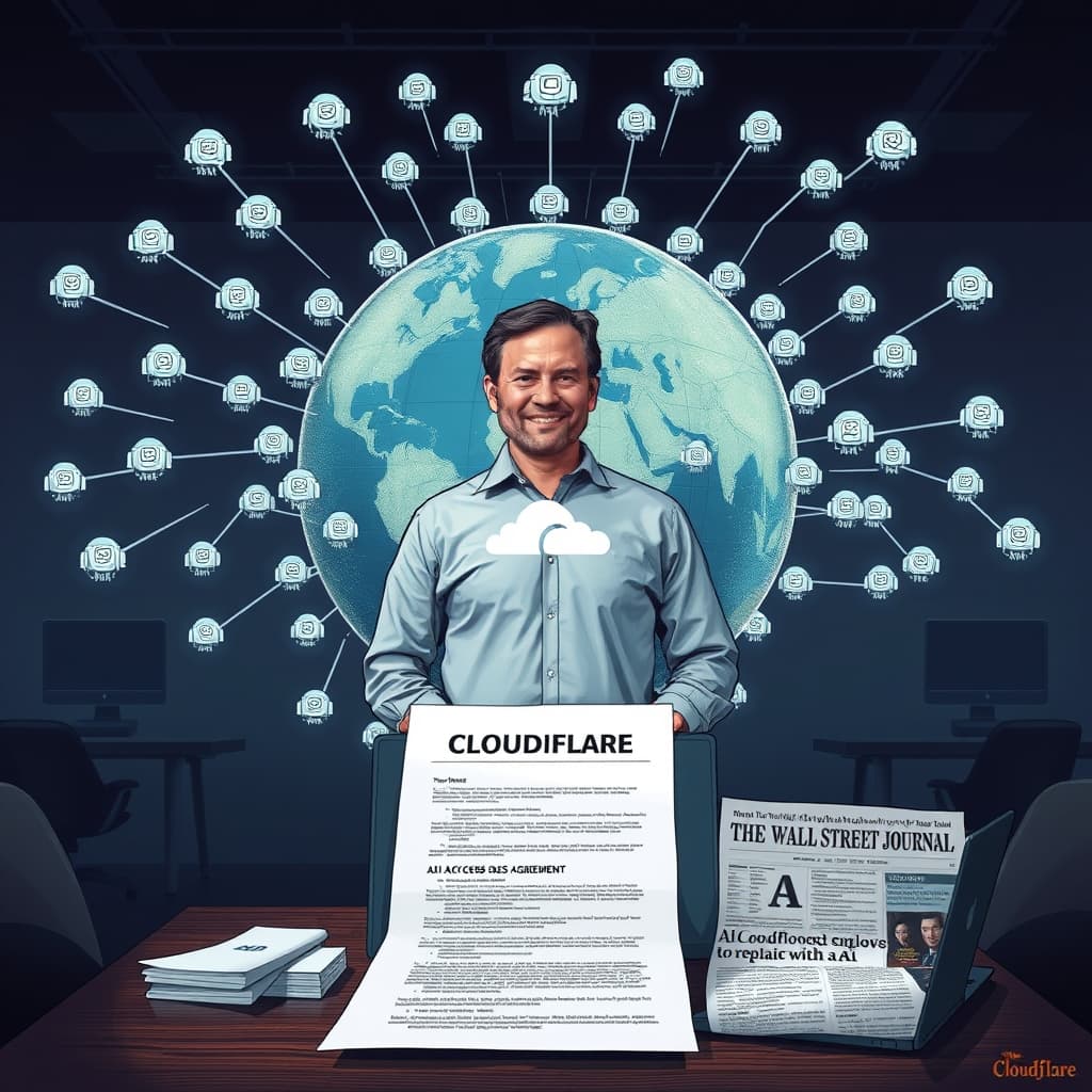 Create an original premium technology-news editorial illustration featuring Matthew Prince standing prominently in front of a sprawling globe made of interconnected data center icons, each labeled with city names, while streams of stylized robot icons flow toward the globe and are filtered by a large, semi‑transparent shield bearing the Cloudflare logo; in the foreground, a contract document titled “AI Access Agreement” rests on a table beside a laptop displaying a payment icon, indicating monetized data access; the background shows a dimmed office space with empty desks symbolizing recent layoffs, and a Wall Street Journal newspaper partially visible with the headline “How I choose which Cloudflare employees to replace with AI”; the visual style is clean, realistic, and suited to a technology publication, with a balanced composition that places Prince and the globe as the primary focus and the other elements as secondary; include restrained branding only for Cloudflare and the newspaper where contextually necessary; cinematic composition.