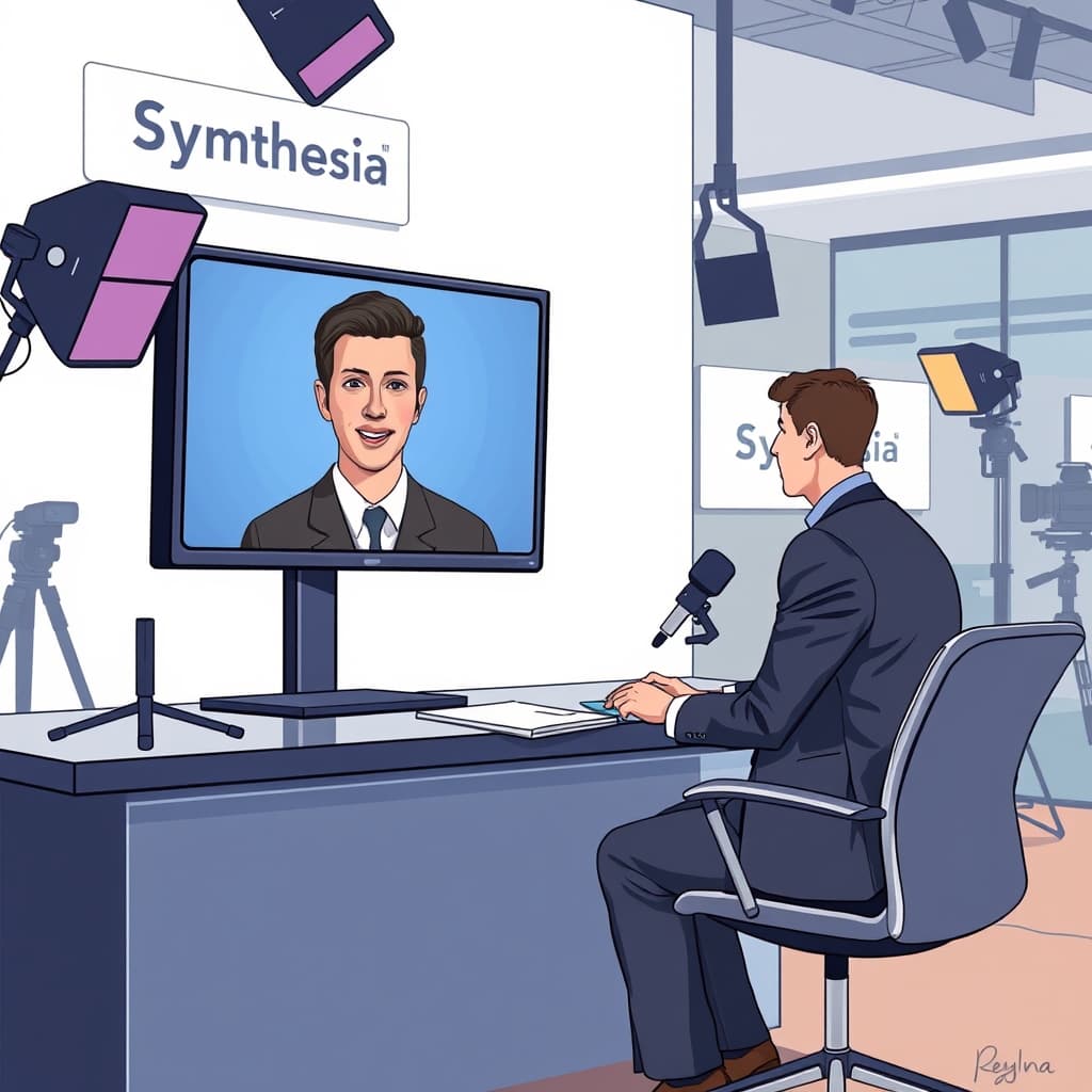 Create an original premium technology-news editorial illustration featuring a realistic digital avatar displayed on a high‑resolution monitor as the dominant element, positioned opposite a human journalist seated at a sleek studio desk with a microphone; the scene is set inside Synthesia’s modern New York office studio, with subtle branding on a wall sign that reads “Synthesia” and visible lighting rigs and cameras in the background; the avatar is animated, mouth moving, conveying conversation, while the journalist looks