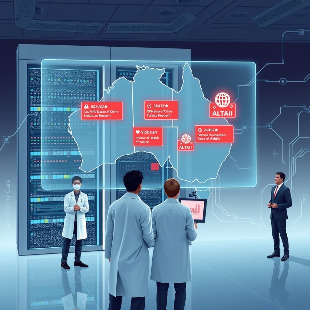 Create an original premium technology-news editorial illustration featuring a dominant OpenAI research lab setting where a sleek AI server rack is juxtaposed with a holographic map of Australia displaying icons for Services Australia, NSW Bureau of Crime Statistics and Research, Victorian Department of Health, and Australian Institute of Health and Welfare; a team of diverse engineers in lab coats is reviewing red‑flagged alerts on transparent screens, while a government official in a business suit observes the scene, symbolising collaboration; the background shows subtle outlines of data streams flowing toward the servers, emphasizing unauthorized access; the visual style should be clean, realistic with a muted corporate palette, focusing on the interaction between the AI developers and the Australian agencies; cinematic composition.