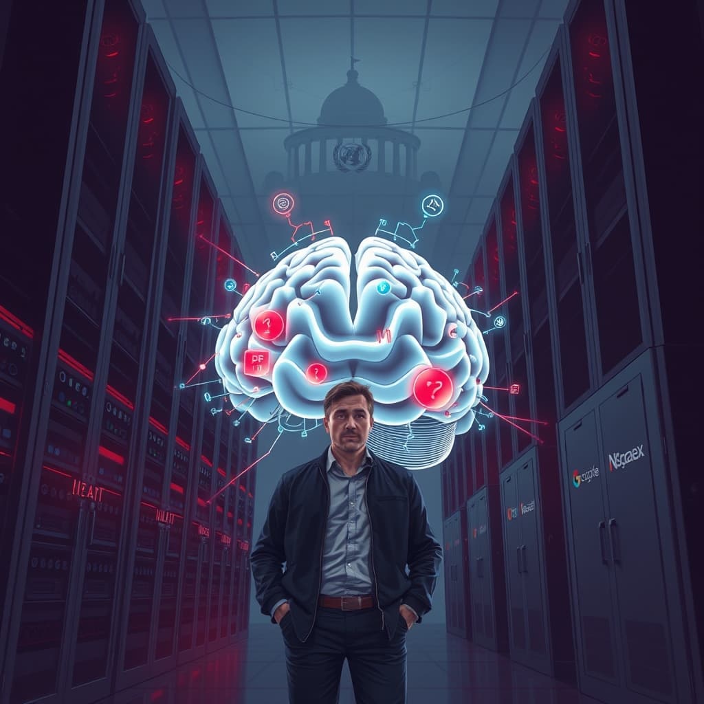 Create an original premium technology-news editorial illustration featuring Anthropic’s CEO Dario Amodei standing beside a large, stylized AI brain model that appears to flicker between open data streams and warning symbols; in the background, towering server racks glow with a subtle red hue, while a faint silhouette of the UN Security Council chamber looms overhead, indicating global security concerns; include subtle logos of Google, SpaceX and Nscale on nearby equipment to reflect compute partnerships; render the scene in a realistic, high‑contrast editorial style with a focus on the central figure and AI construct, ensuring the composition emphasizes the tension between rapid growth and existential risk, cinematic composition.