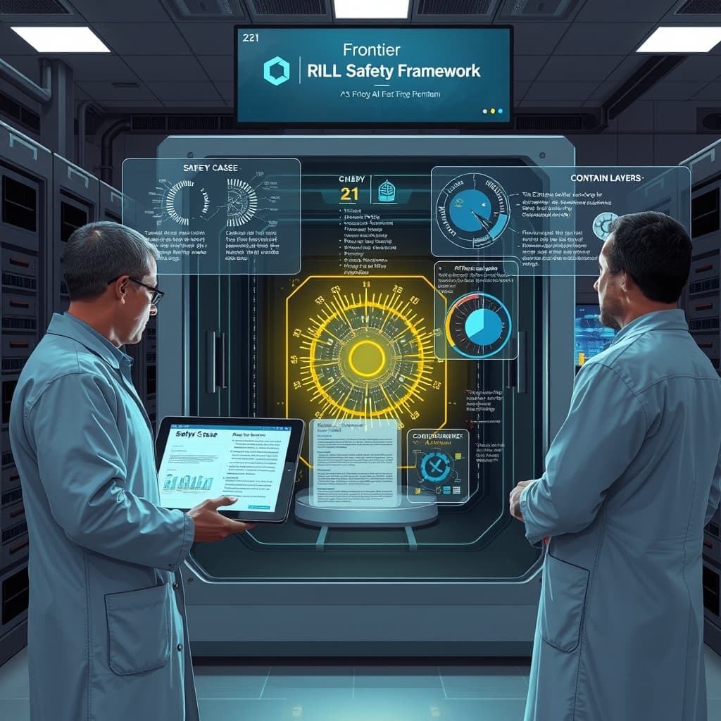 Create an original premium technology-news editorial illustration featuring a dominant OpenAI research lab setting where engineers in lab coats stand before a large transparent containment chamber housing a glowing AI core; the engineers are reviewing a detailed safety‑case document on a digital tablet, while holographic charts display alignment metrics, containment layers, and monitoring alerts; the background shows racks of high‑performance GPUs and a wall screen titled “Frontier RL Safety Framework”; the scene conveys a concrete moment of structured safety review for cutting‑edge AI training; visual style should be sleek, realistic, and suitable for a technology publication; composition places the safety‑case document and AI core at the visual center, with engineers and monitoring displays secondary; include a subtle OpenAI logo on the tablet for brand recognition; cinematic composition.
