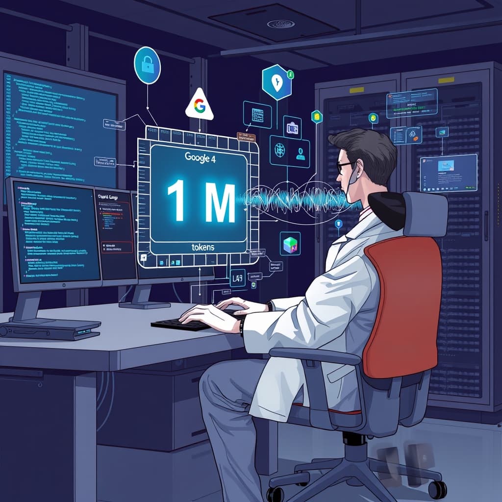 Create an original premium technology-news editorial illustration featuring a dominant Google AI researcher seated at a sleek workstation, interacting with a holographic display of a massive token stream labeled “1 M tokens” while code snippets, legal contracts, and cybersecurity alerts orbit the scene; the researcher’s screen shows the Gemini 4 Argon logo subtly, and a secondary figure representing a cyber defender in a protective vest observes the interface; the background hints at a data‑center rack and a quantum chip, conveying internal Google use cases; visual style is clean, realistic, and magazine‑ready with muted corporate colors; composition centers on the researcher and hologram, with peripheral elements supporting context; include minimal product labeling only for Gemini 4 Argon where it aids recognition; cinematic composition.