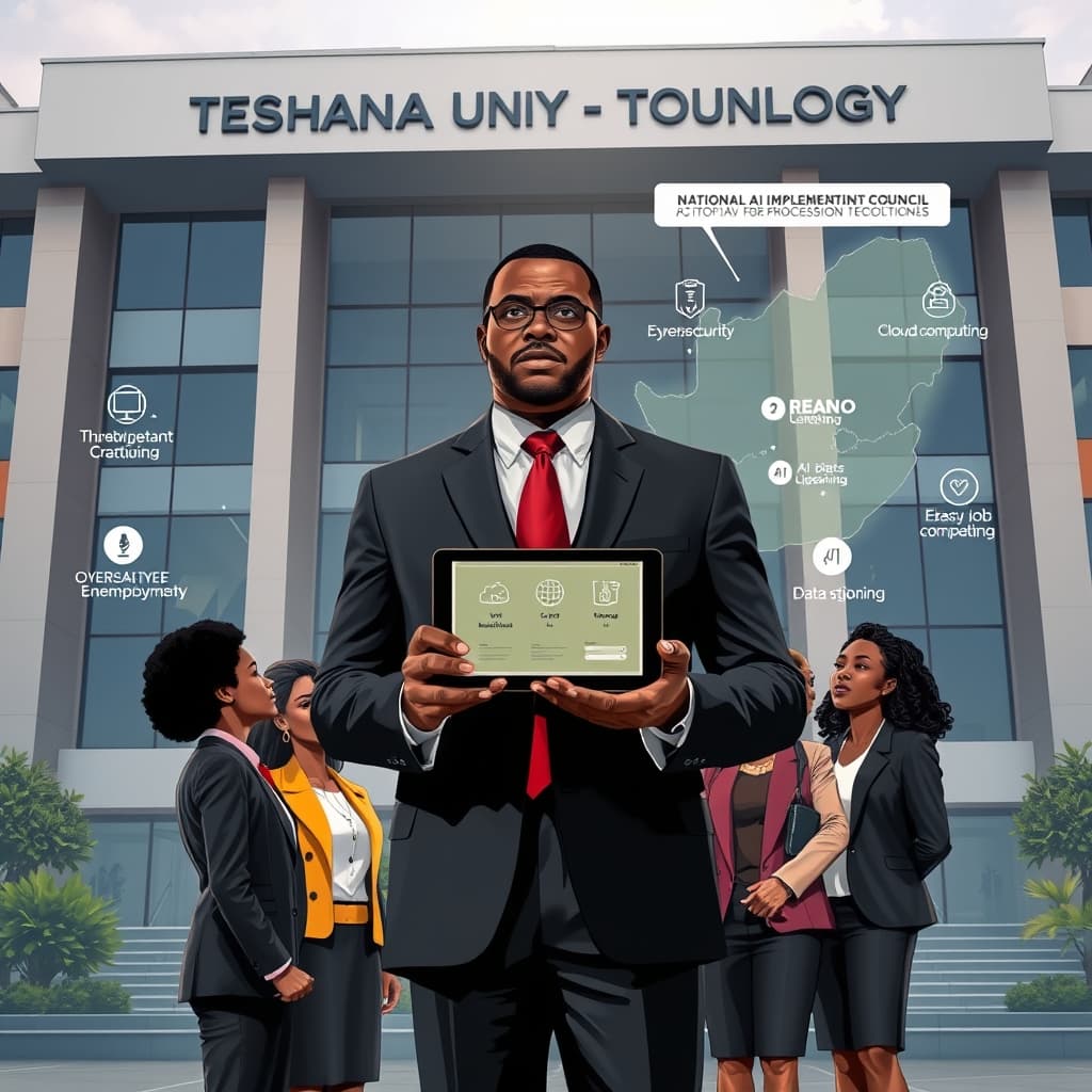 Create an original premium technology-news editorial illustration featuring a dominant figure of Tseliso Mohlomi standing in front of a modern university building labeled “Tshwane University of Technology.” He is holding a tablet displaying AI icons while a group of diverse young adults in business attire look toward him, symbolizing eager job seekers. In the background, a transparent overlay of a map of South Africa highlights regions with high unemployment rates, and icons representing cybersecurity, cloud computing, AI literacy and data engineering float nearby. A subtle banner reads “National AI Implementation Council” to indicate the proposed coordinating body. The visual style is sleek, realistic, and suited for a technology publication, with a balanced composition that keeps the speaker central and the supporting elements secondary. cinematic composition.