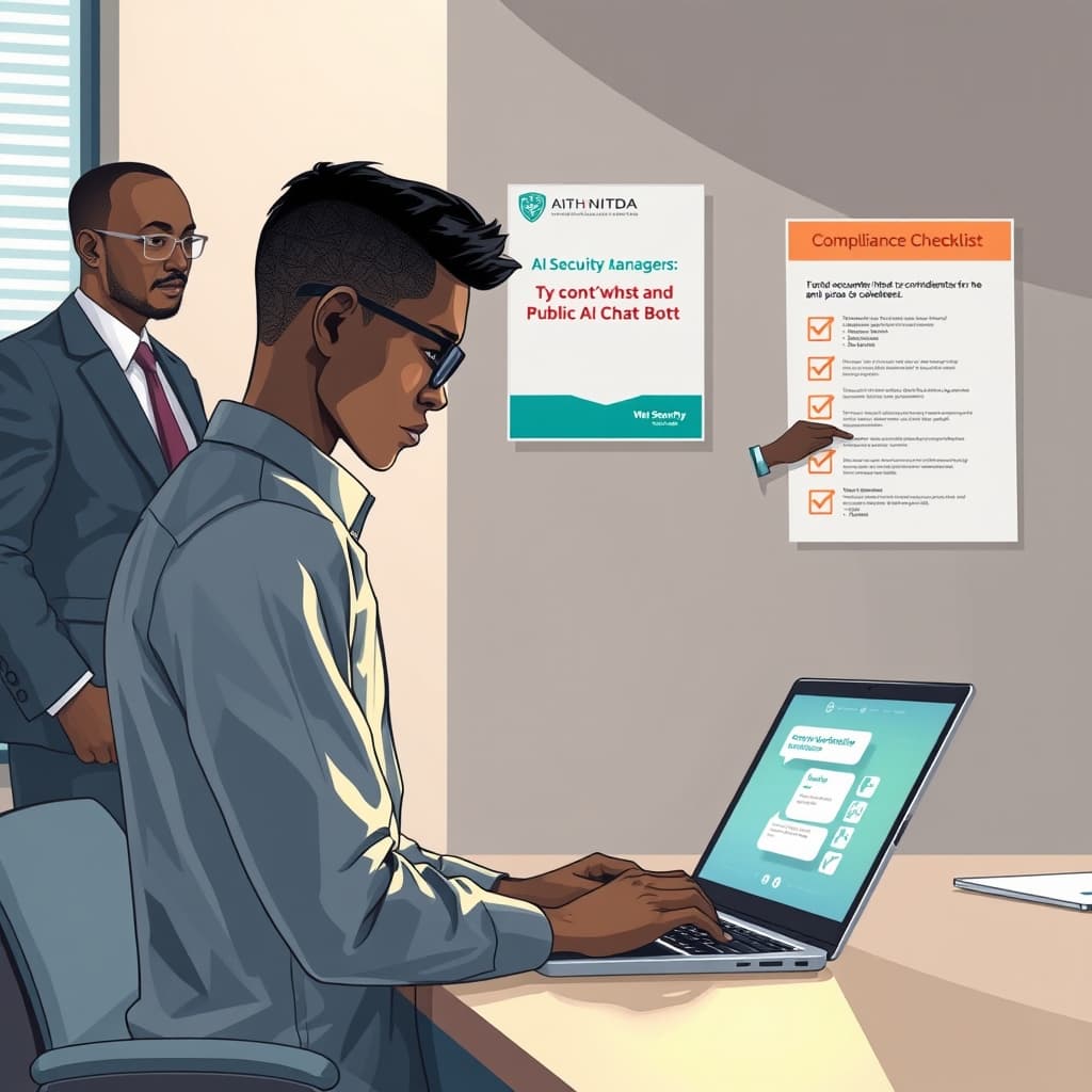 Create an original premium technology-news editorial illustration featuring a Nigerian office setting where a concerned employee hesitates before typing confidential documents into a glowing public AI chatbot interface on a laptop, while a senior manager in a suit points to a wall‑mounted compliance checklist; the background shows NITDA branding on a poster emphasizing data security; the scene conveys the tension between AI convenience and data‑privacy risk; style is clean, professional, with muted corporate colours and realistic lighting; composition places the employee and chatbot screen in the foreground, the manager and checklist secondary; include subtle NITDA logo on the poster for recognition; cinematic composition.