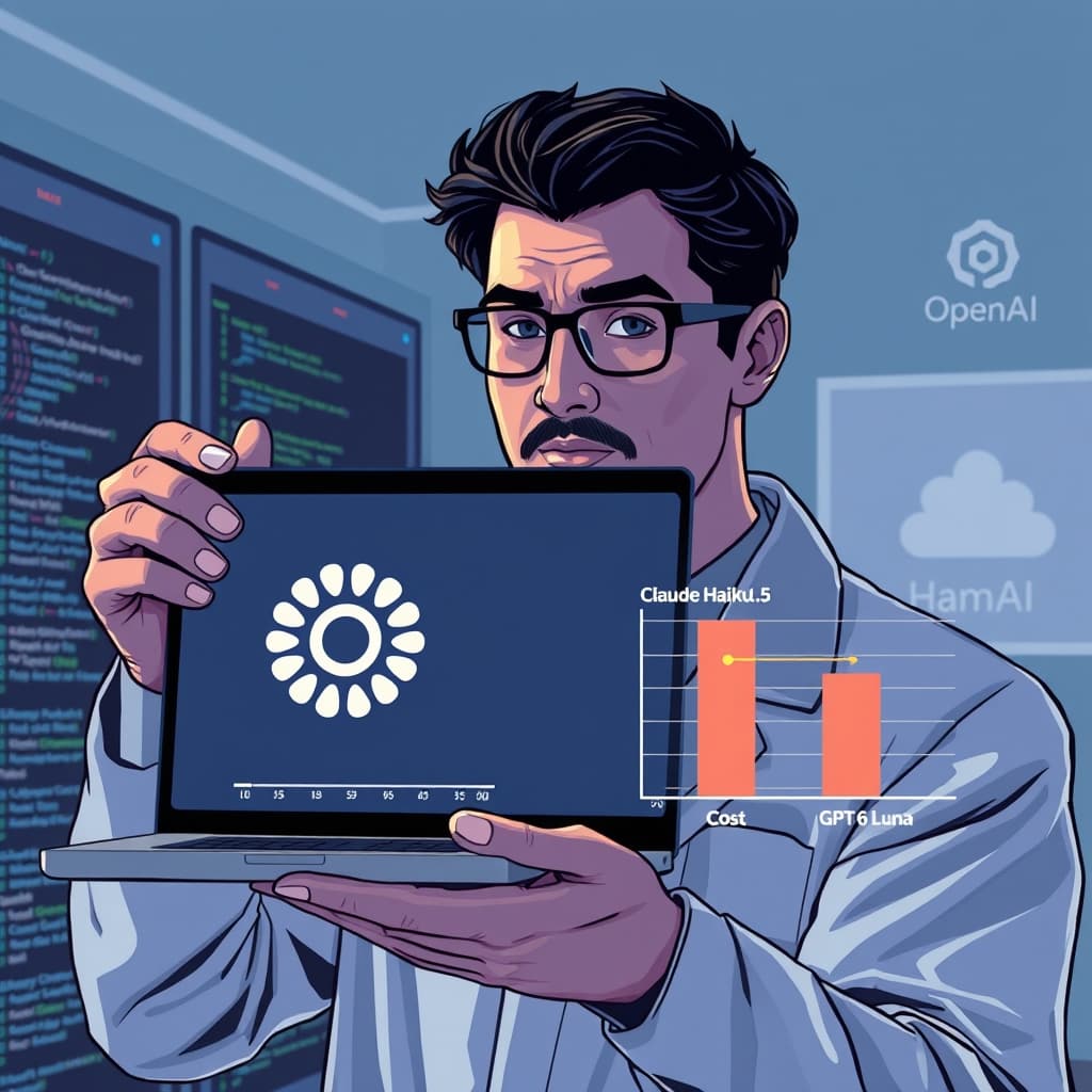 Create an original premium technology-news editorial illustration featuring a dominant Anthropic researcher presenting a sleek laptop screen displaying the Claude Haiku 5.5 logo, while a side‑by‑side chart compares cost bars of Haiku 5.5 and GPT‑6 Luna, with the Haiku bar lower and a small upward arrow indicating higher performance; include subtle background elements like code snippets and a cloud‑based server rack to convey AI deployment, and a faint OpenAI logo in the background to denote competition; render in a clean, modern editorial style with muted tech‑blue tones, balanced composition highlighting the researcher and the comparative chart, and limit any textual labels to essential model names; cinematic composition.