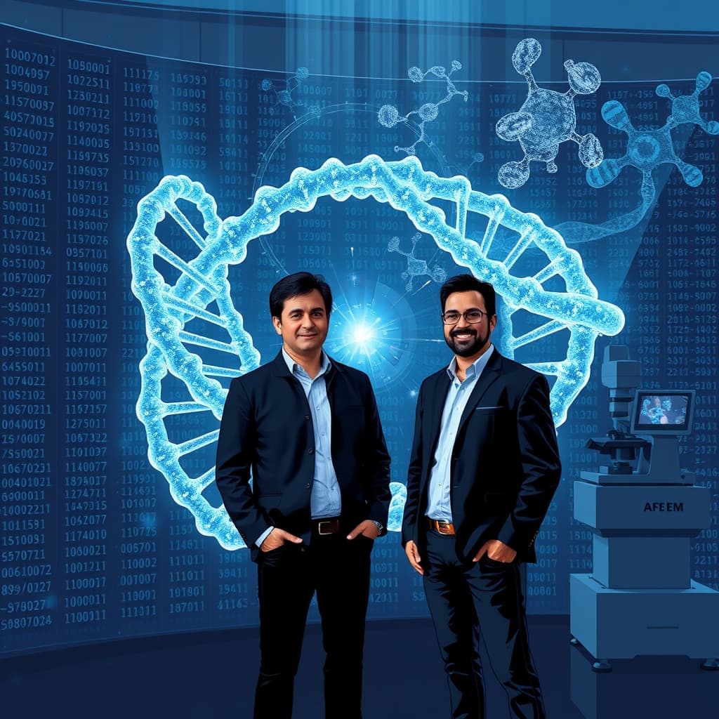 Create an original premium technology-news editorial illustration featuring Pushmeet Kohli and Sal Candido standing beside a large holographic double helix that morphs from static atomic models into dynamic, flowing protein structures; in the background, a wall of metagenomic sequence data streams into a futuristic AI processor, while a cryo‑EM microscope projects micrograph images onto the scene, symbolizing the shift from isolated predictions to whole‑cell modeling; the visual style should be sleek, realistic, with muted tech‑blue tones and subtle lighting, emphasizing the protagonists and the evolving protein landscape; avoid generic AI icons, cartoonish elements, and overt branding, focusing on a credible scientific‑technology editorial aesthetic, cinematic composition.