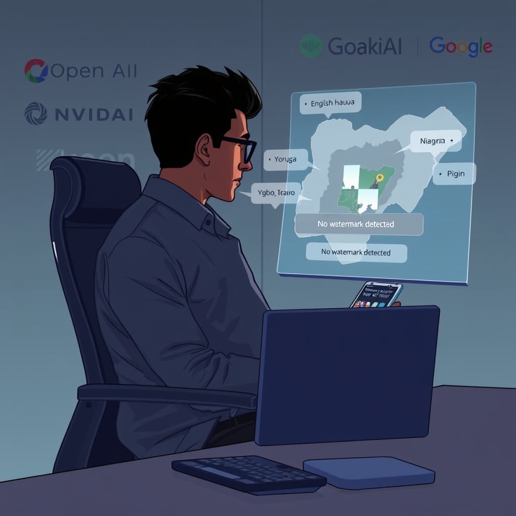 Create an original premium technology-news editorial illustration featuring a dominant Google engineer seated at a sleek workstation, uploading a multimedia file into a stylized detection interface that glows when a known watermark is identified; beside the engineer, a holographic map of Nigeria displays speech bubbles in English, Hausa, Yoruba, Igbo and Pidgin, each containing a blurred AI‑generated image fragment; in the background, logos of OpenAI, NVIDIA and Kakao appear subtly, while a muted, semi‑transparent “No watermark detected” banner hovers over a separate media clip, symbolizing the tool’s limitation; the visual style should be crisp, realistic‑digital with muted corporate colours, emphasizing a newsroom‑like atmosphere and a sense of investigative rigor; cinematic composition.