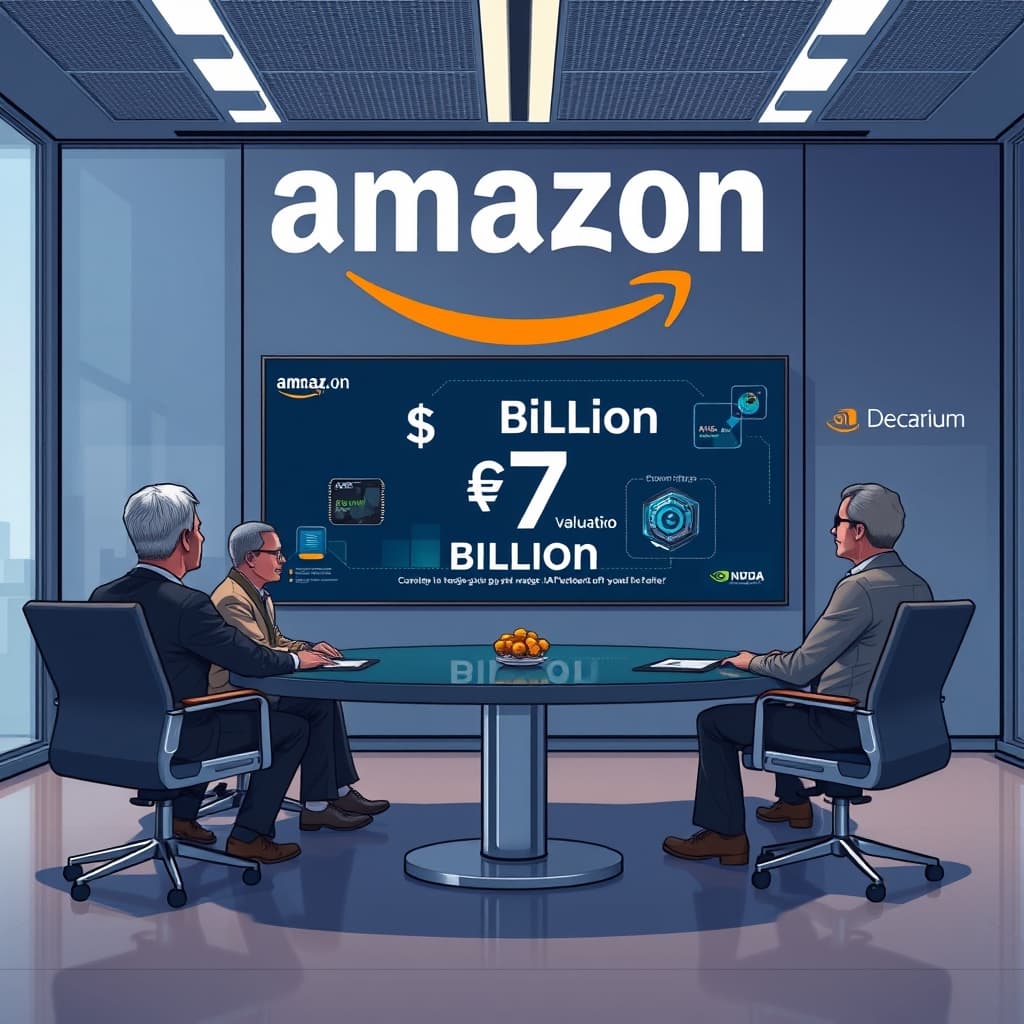 Create an original premium technology-news editorial illustration featuring Amazon’s corporate cloud icon as the dominant element, depicting a meeting between Amazon executives and the founders of Decart AI in a sleek modern conference room. The scene shows a digital display highlighting the $7 billion valuation and a schematic of AI chips being swapped via Decart’s software interface. In the background, subtle references to AWS Trainium chips and Nvidia GPU logos appear as secondary elements. The illustration should convey the strategic acquisition and the hardware‑agnostic AI tooling narrative. Use a clean, high‑tech editorial style with realistic lighting and minimal text, focusing on the interaction and the valuation overlay. cinematic composition.