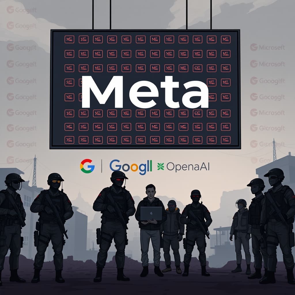 Create an original premium technology-news editorial illustration showing a dominant Meta logo on a large digital screen displaying a flood of red “account deleted” icons, while in the foreground a coordinated team of international law‑enforcement officers in tactical gear stand beside a seized laptop and a rescued individual, representing the Ghana raid; a backdrop of a West African urban landscape with faint outlines of other tech company logos (Google, Microsoft, OpenAI) signifies the multi‑company partnership; the scene conveys a concrete moment of digital takedown intersecting with on‑ground police action, rendered in a sleek, realistic editorial style with muted corporate colours and a cinematic composition.