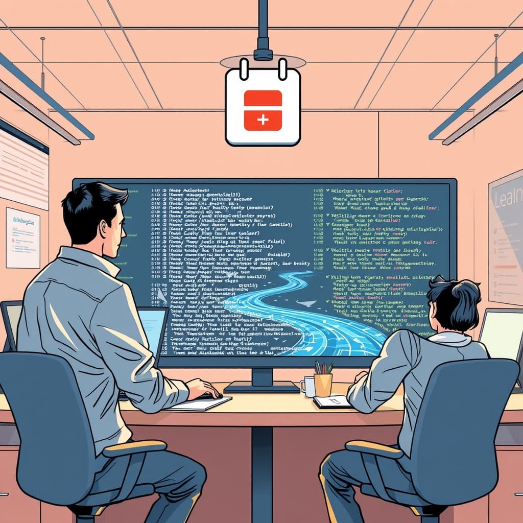 Create an original premium technology-news editorial illustration featuring Anthropic’s office environment as the dominant scene, with senior engineers and product managers gathered around a large digital display that shows Claude’s generated text flowing like a river; a junior employee watches from the side while a calendar icon hovers, indicating increased meeting hours; the background includes subtle code snippets