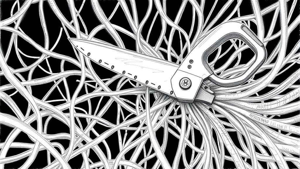 A detailed pencil sketch of a pruning shear cutting clean through a dense web of digital network cables, representing the optimization of software workflows. No text, no logos.