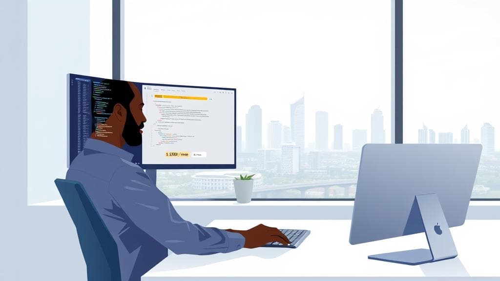 Vector illustration flat design: An African software engineer sitting at a clean, modern desk in a Lagos tech workspace, looking intently at a dual-monitor setup displaying a split screen of code and an AI agent interface with a glowing progress bar showing "$1,500/mo budget". Outside the window, the Lagos skyline is visible under bright, clear daylight, with stylized geometric data streams floating subtly in the air, clean lines, analytical mood, no text, no logos, cinematic composition.