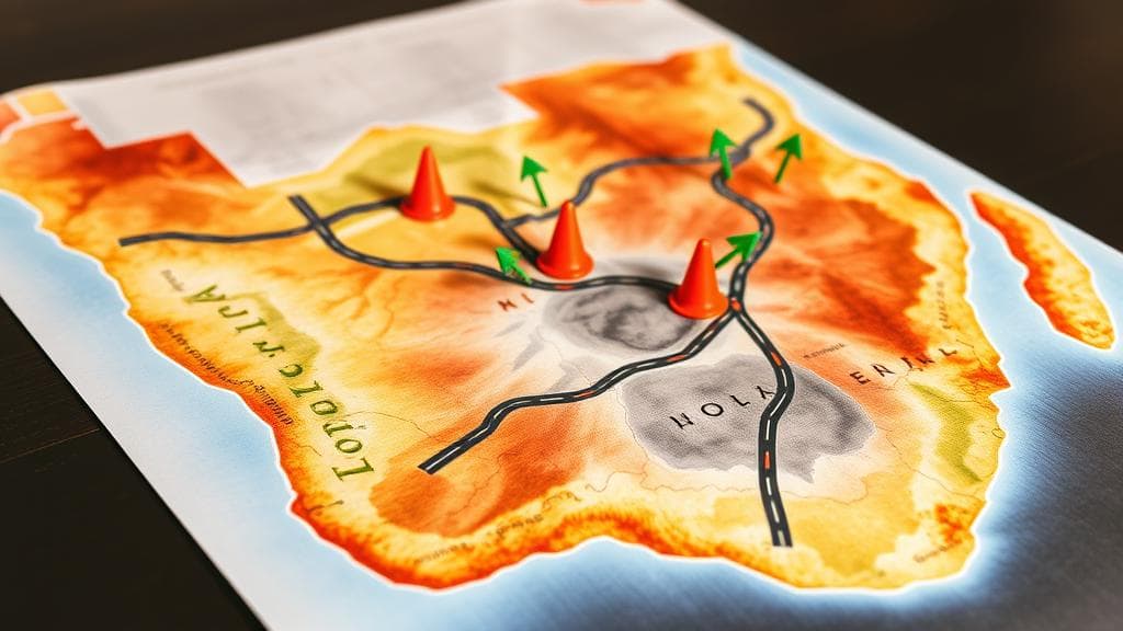 A detailed watercolour painting of a physical map of Southern Africa laid out on a dark wooden table, with small, colorful 3D-printed miniature road cones and green routing arrows placed along the highways, rendered in a warm, textured style with soft light. No text, no logos.