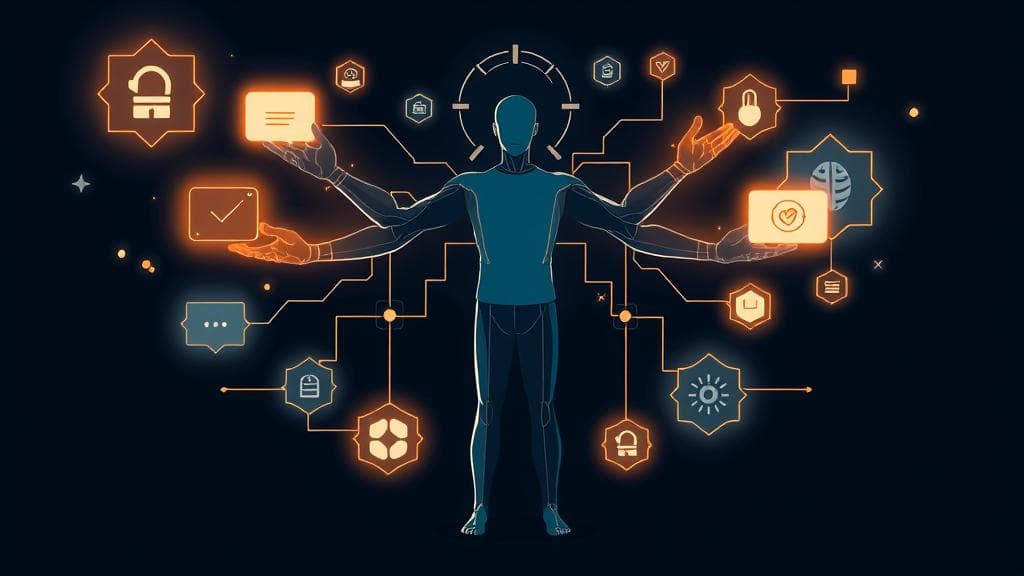 A stylized vector flat illustration depicting a single human figure with multiple, abstract, glowing digital arms extending to manage various interconnected tasks. The figure stands confidently amidst a network of clean, geometric AI symbols and data streams. The overall composition conveys efficiency, automation, and the power of a solo individual amplified by artificial intelligence. No text, no logos, cinematic composition.