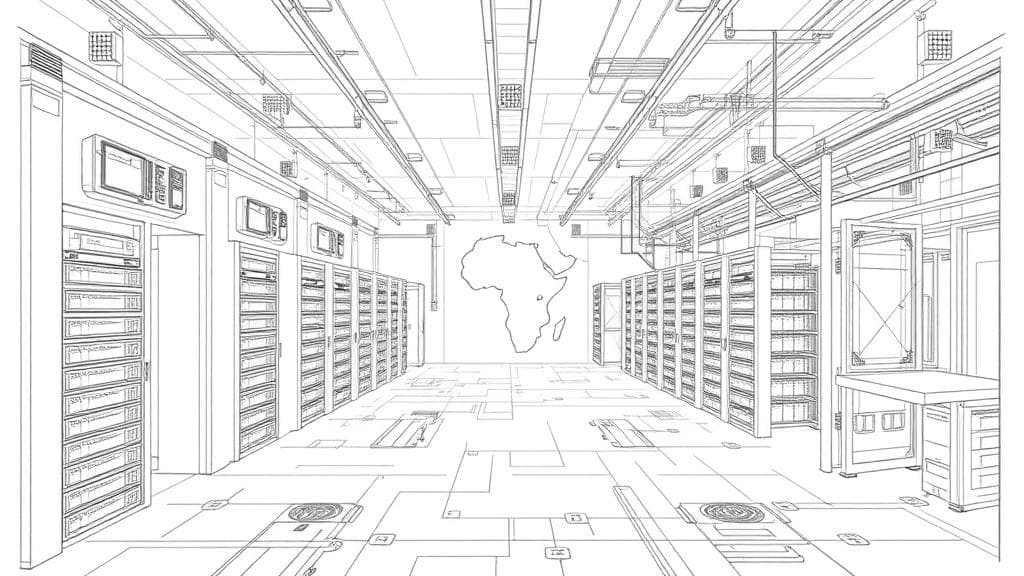 A detailed pencil sketch of an architectural blueprint showing the layout of a modern data center facility, featuring technical schematics of server racks, cooling infrastructure, and power lines, with a faint map of the African continent visible in the background. No text, no logos.
