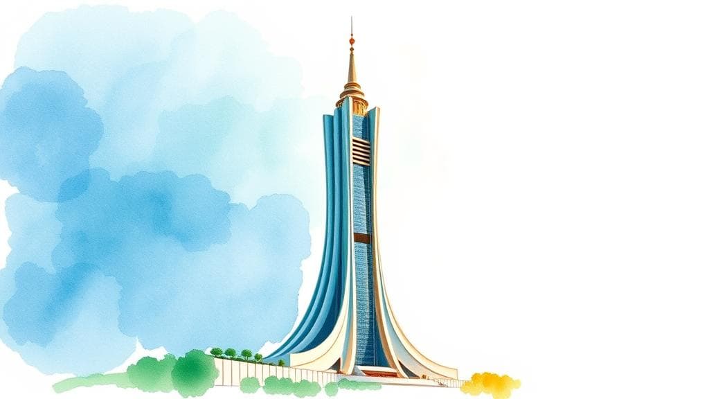 An editorial watercolour painting of the Kenyatta International Convention Centre architectural tower in Nairobi, Kenya, under a bright sky, with soft washes of blue, green, and gold representing global unity, healthcare, and digital connectivity. No text, no logos.