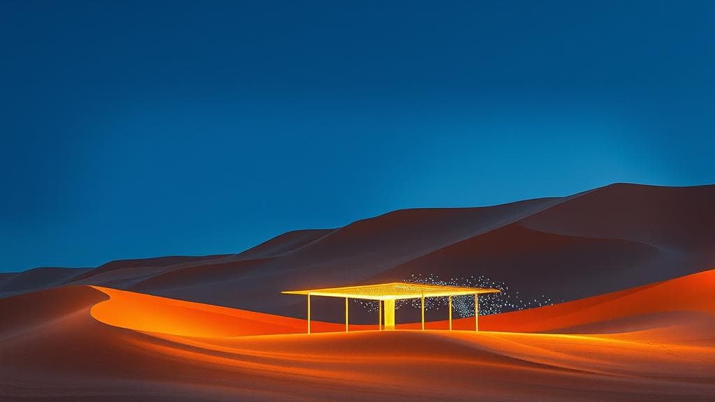 A watercolour painting of a high-tech pavilion glowing with warm light, nestled at the base of the massive sweeping orange sand dunes of Merzouga under a deep blue twilight sky. Abstract digital data streams and network nodes are softly painted into the desert wind and sands. No text, no logos.