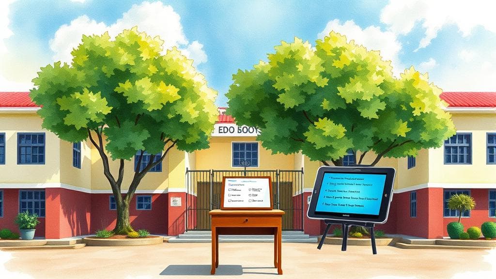 A vibrant watercolor painting depicting the exterior of Edo Boys High School in Benin City, Nigeria, under a bright afternoon sky, with lush green trees framing the school gate, and a single wooden school desk sitting in the courtyard holding a glowing digital tablet displaying English grammar exercises. No text, no logos.