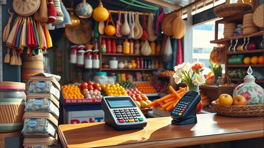 A vibrant oil painting of a small South African market stall filled with colourful crafts and fresh produce, with a modern card machine sitting on a wooden counter reflecting soft morning light. No text, no logos.