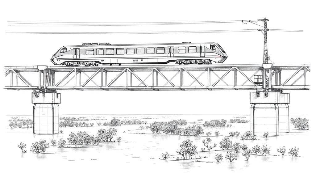 A detailed pencil sketch of a modern, steel-built passenger train crossing a corrosion-resistant bridge over a saltwater lagoon in Lagos, with quiet mangrove swamps visible below the structure. No text, no logos.