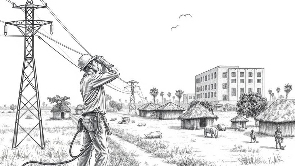 A detailed pencil sketch of an electrical worker installing fibre-optic cables alongside rural power lines in an African village, with a modern data center building emerging in the background. No text, no logos.