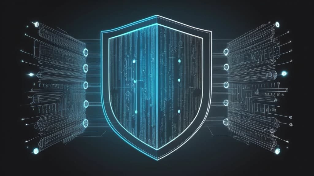 A serious pencil sketch of a digital security shield interlocking with clean, structured lines of code and database symbols. No text, no logos.