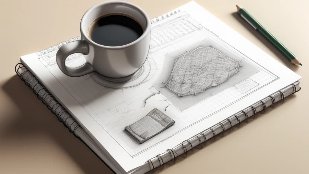 A detailed pencil sketch of an office desk in Cape Town, featuring a classic South African corporate notebook open to a diagram of a neural network connected to the WhatsApp logo and a calendar, with a coffee mug beside it. No text, no logos.