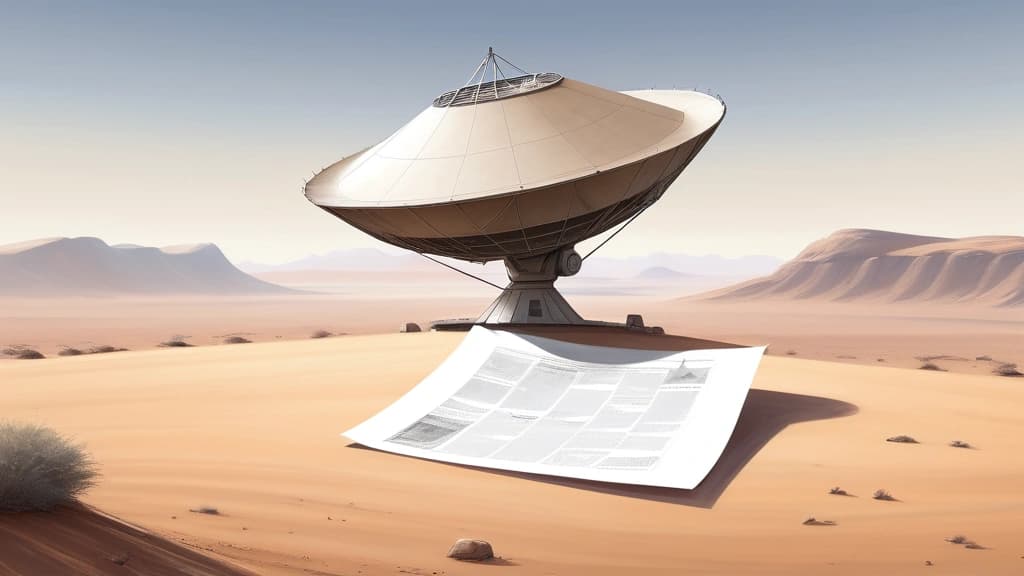 A pencil sketch illustration of a Starlink satellite dish, small and isolated, placed within a vast, arid Namibian landscape. In the foreground, partially obscured by the terrain, is a subtly depicted scroll or legal document, casting a symbolic shadow over the dish, representing regulatory barriers. No text, no logos.