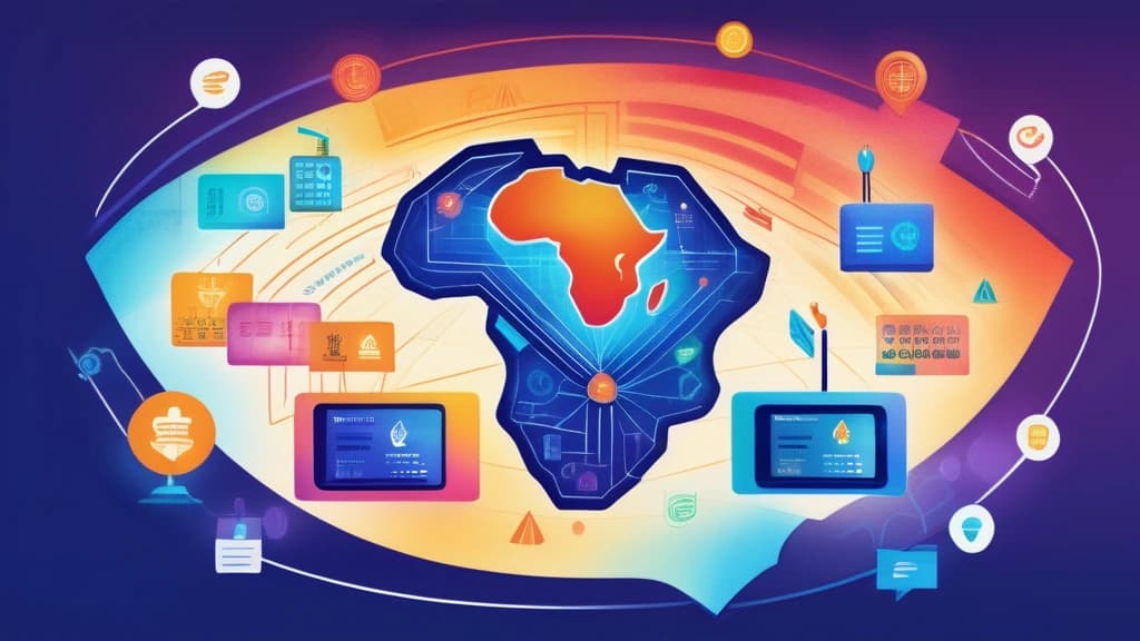 Watercolour illustration depicting a vibrant, interconnected network of digital payment lines and financial services radiating from a stylized African map. Prominently feature subtle icons representing a microfinance bank, an AI brain, and a modern POS terminal, all converging towards a central point that symbolizes The Stack Group. The overall impression should be one of growth and innovation. No text, no logos.