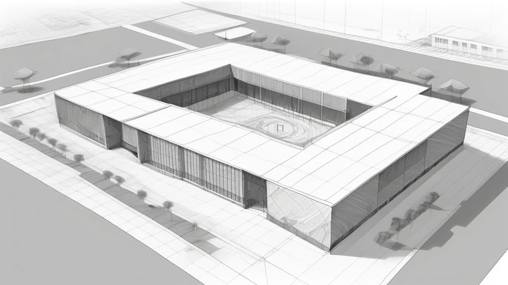 A detailed pencil sketch of a modern data center building in Nigeria, with its architectural lines blending into a map of the African continent, secured by a layered shield graphic. No text, no logos.