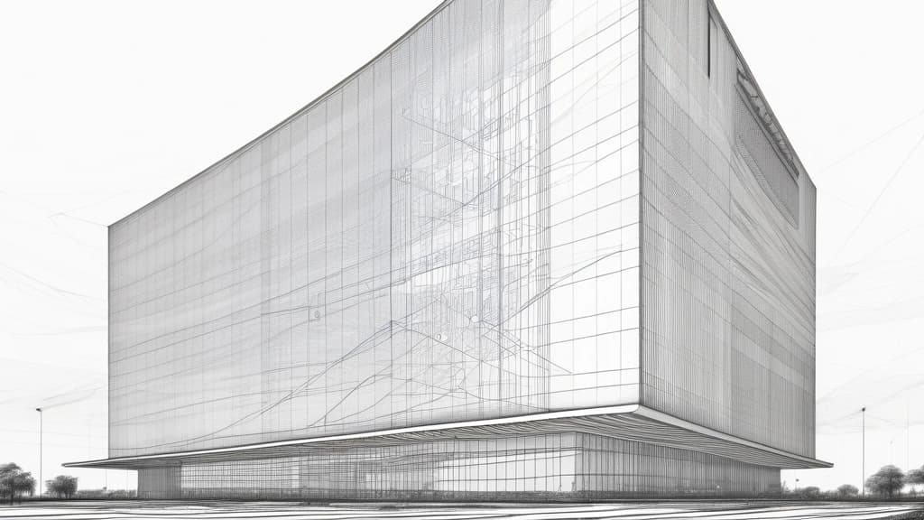 A detailed pencil sketch of the Transcorp Hilton building in Abuja, with subtle abstract digital network lines and geometric nodes etched into the background sky. No text, no logos.