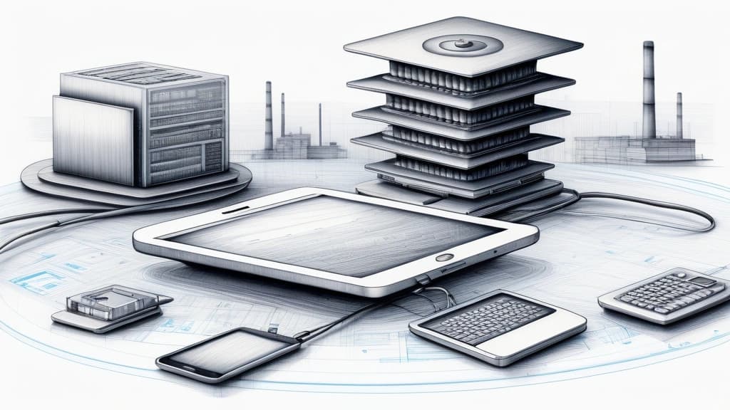 A detailed pencil sketch of a balance scale where a single silicon memory chip heavily outweighs a stack of consumer electronic devices including a tablet and a laptop. In the background, the faint, looming outlines of industrial data center cooling towers rise. No text, no logos.