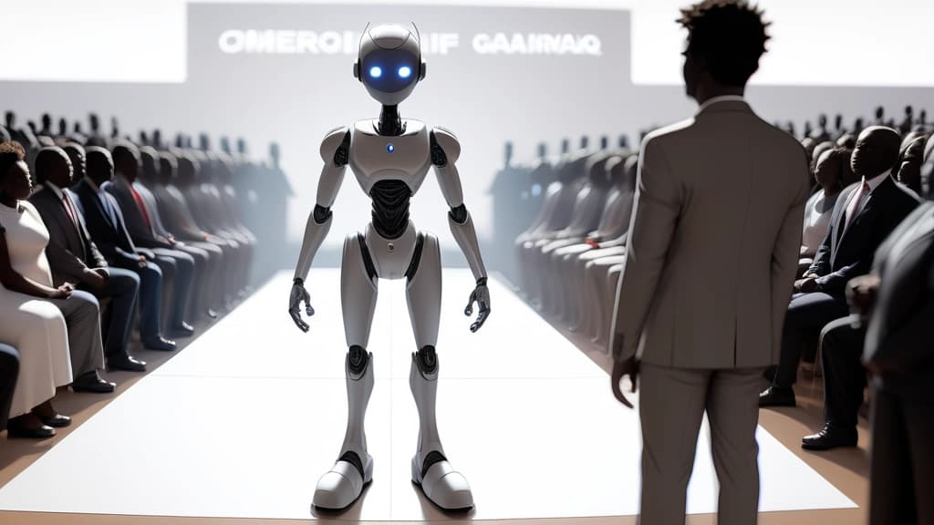 Pencil sketch of the Omeife humanoid robot standing on a stage at an official unveiling event. The robot is the central focus, appearing human-like with dark skin and curly hair, distinctively African in design. In the background, blurred silhouettes of an audience and dignitaries are visible. No text, no logos.