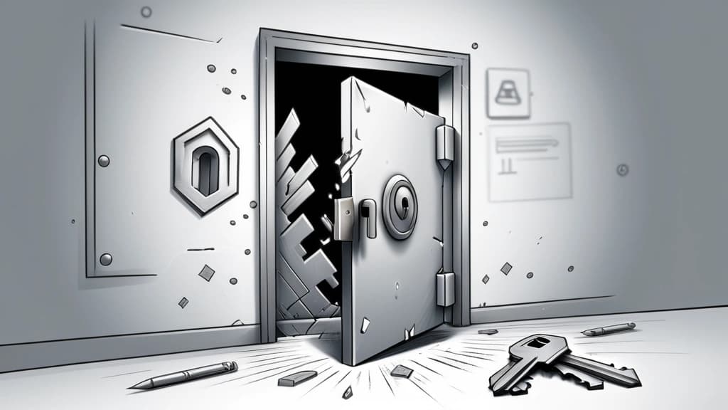 A pencil sketch illustration depicting a digital lock with a broken keyhole, where a small, fragmented AI chatbot icon is attempting to insert an unauthorized, jagged digital key. In the background, a robust, unbroken digital vault door stands firm, deflecting multiple digital arrows labeled "attempt." No text, no logos.