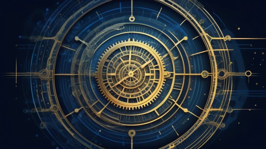 An intricate, hand-drawn editorial ink sketch depicting a complex clockwork mechanism seamlessly merging with abstract digital code lines and data nodes. A single glowing golden gear at the center symbolizes the transition from a chaotic stream of information to structured, purposeful movement. High-contrast crosshatching, subtle deep blue watercolor washes highlighting key pathways, minimalist layout. No text, no logos, cinematic composition.
