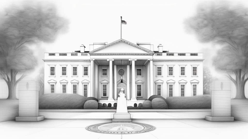 A detailed pencil sketch of the White House, with a subtle, stylized digital padlock superimposed over its entrance, suggesting restricted access or governmental oversight. No text, no logos.