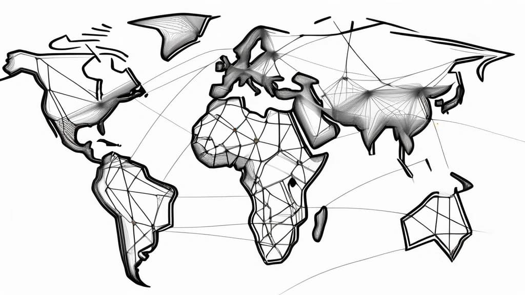 A pencil sketch depicting an abstract network of interconnected nodes and lines subtly forming the map outline of Nigeria. Overlaying this network are symbolic representations of ethical guidelines, such as a balanced scale or a protective shield, indicating governance and safeguards. The network lines extend outwards to suggest regional influence across Africa. No text, no logos.
