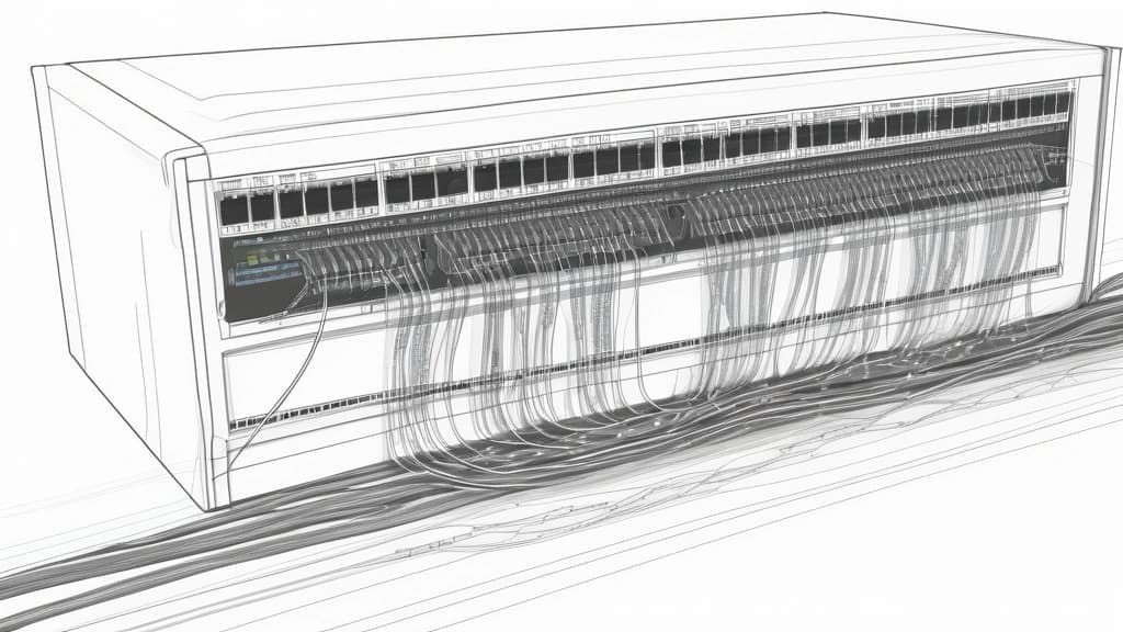 A detailed pencil sketch of a network patch bay with physical cables routing connections between terminal nodes, representing local routing of data streams. No text, no logos.