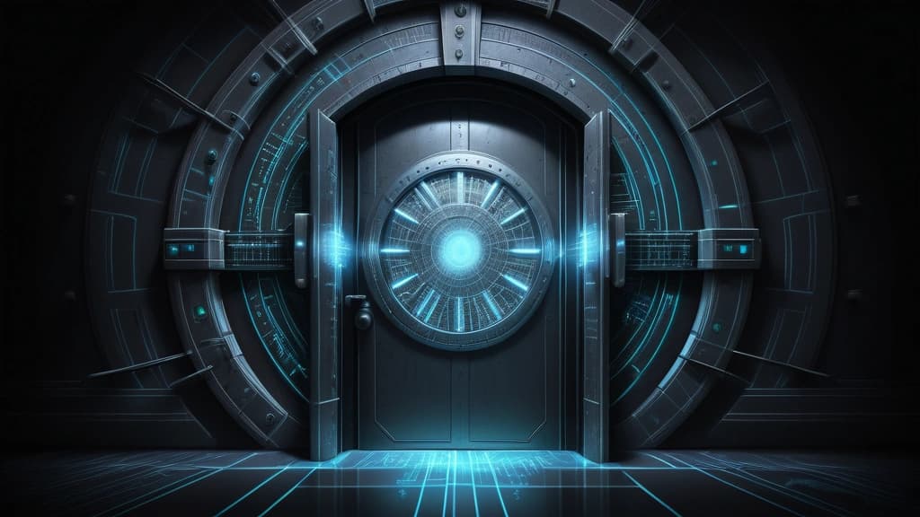A detailed pencil sketch depicting a large, classic government vault door partially open, with glowing digital circuits and network nodes visible inside the darkness of the vault. No text, no logos.