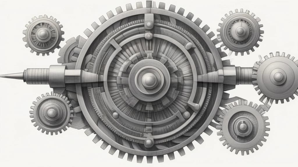 A detailed pencil sketch depicting a complex, multi-layered gear system, where each gear represents a different GPT-5.6 model (Sol, Terra, Luna) interlocking. Above this system, a subtle, disembodied hand (representing government oversight) is gently adjusting a control lever that connects to the gears. No text, no logos.