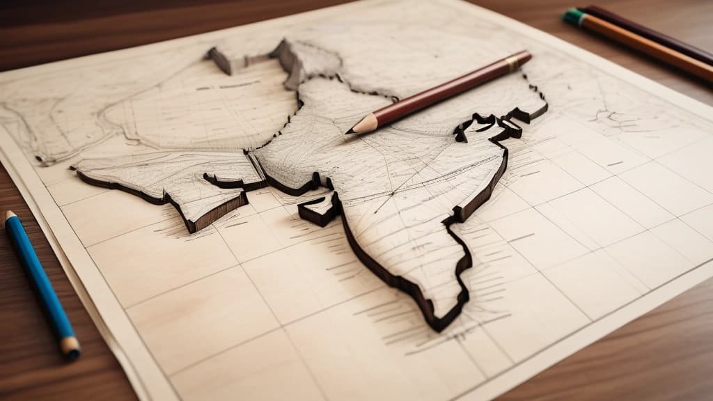 A detailed pencil sketch of a physical map of India spread across a wooden desk, with architectural draft compasses and markers placed on New Delhi, Mumbai, and Bengaluru. No text, no logos.