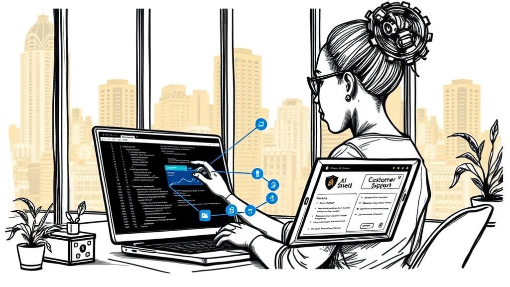 Editorial ink sketch: A busy tech hub office in Nairobi with large windows showing the city skyline. In the foreground, a female African developer watches her laptop screen as a stylized digital hand autonomously navigates a complex desktop interface. On a tablet next to her, a customer support dashboard displays an active conversation with an AI assistant, showing a subtle gear and a faint corporate shield logo. The atmosphere is focused and analytical, with warm morning sunlight streaming through the windows. Small electric blue highlights trace the digital pathways on the laptop screen. No text, no logos, cinematic composition.