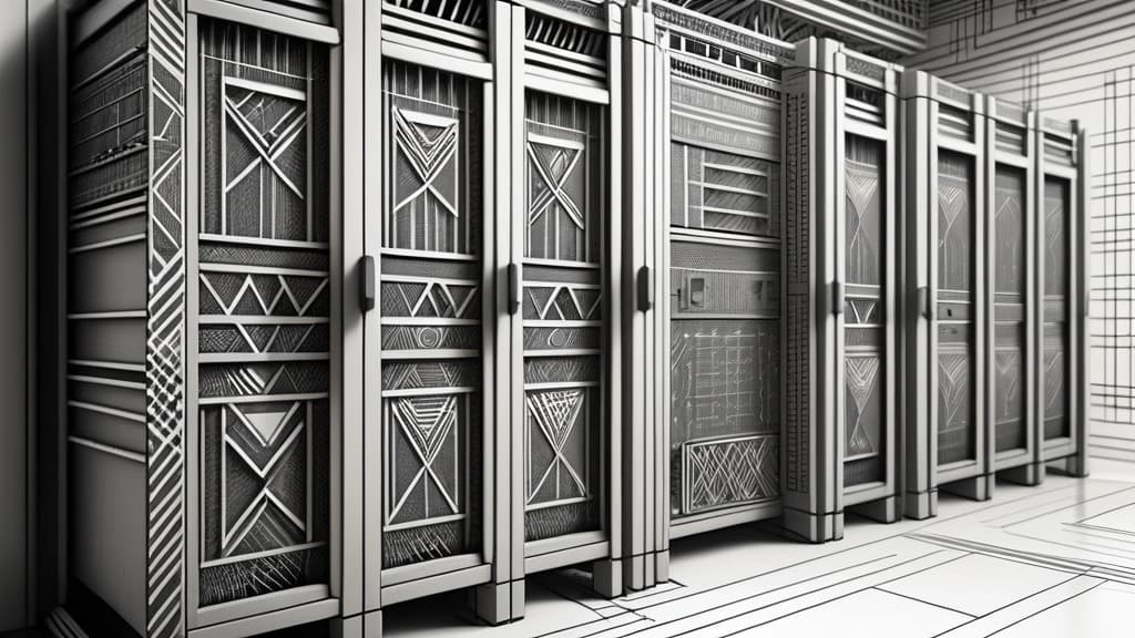 A detailed pencil sketch of a heavy server rack integrated with stylized electrical grid lines and traditional African geometric patterns, representing the intersection of computing power and local infrastructure. No text, no logos.