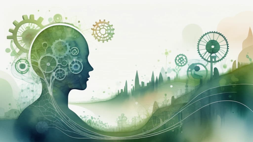 A complex, interconnected digital landscape with gears and flowing data, subtly integrating organic elements like a growing plant or a calm human silhouette, rendered in watercolour. No text, no logos.