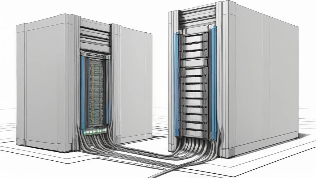 A detailed pencil sketch of two physical server chassis stacked vertically, connected directly by a thick QSFP cable with fine lines representing high-speed data transfer pathways between the ports. No text, no logos.