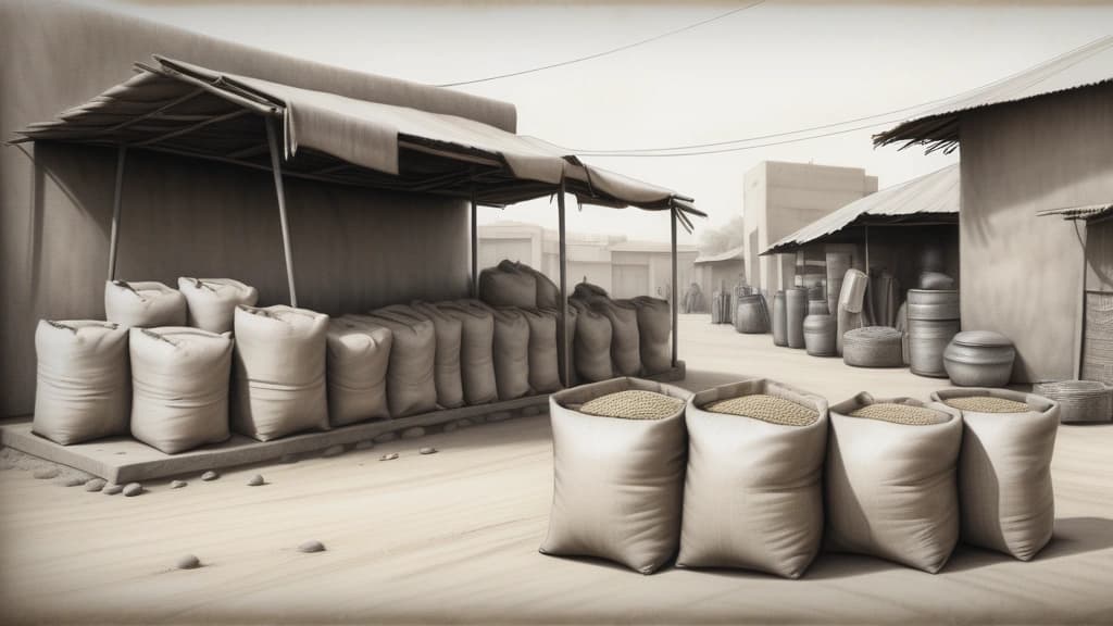A detailed pencil sketch of an outdoor market stall in Nigeria, showing heavy sacks of grain and a small mechanical generator sitting on the dry ground, rendered with fine graphite shading and realistic textures. No text, no logos.