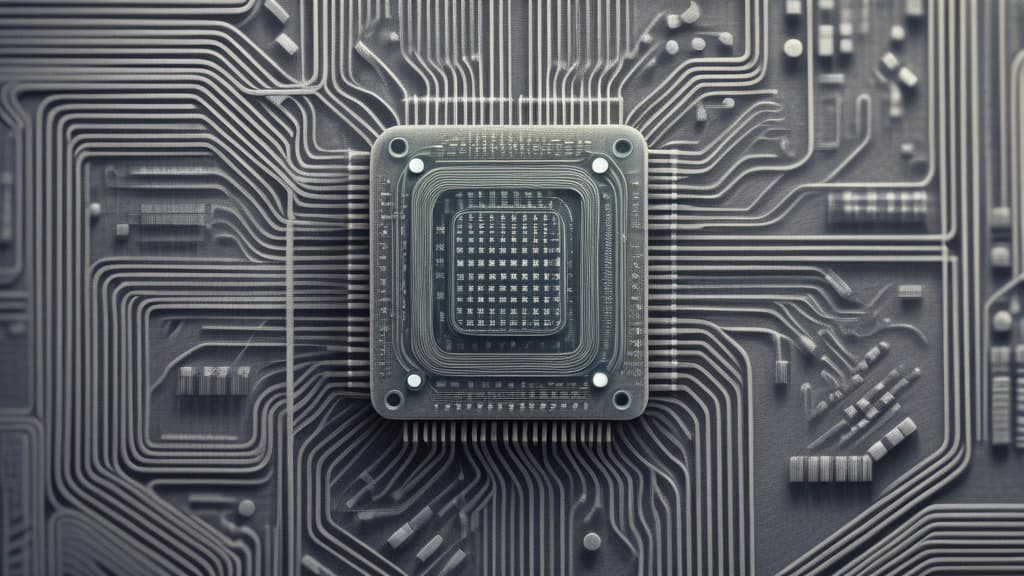 A detailed pencil sketch of a microscopic radio frequency integrated circuit, showing highly irregular, asymmetrical circuit paths that resemble a chaotic QR code rather than traditional symmetrical grids. No text, no logos.
