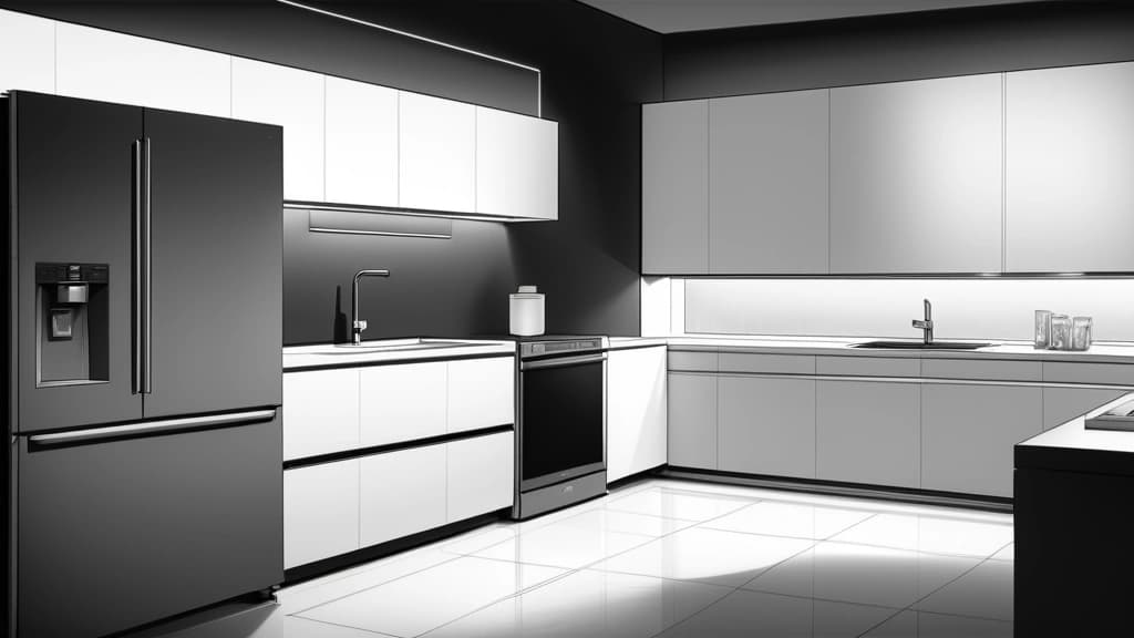 A detailed pencil sketch of a modern home interior featuring the LG MoodUP Refrigerator with its distinct customizable LED panels, positioned next to a sleek LG WashTower. No text, no logos.